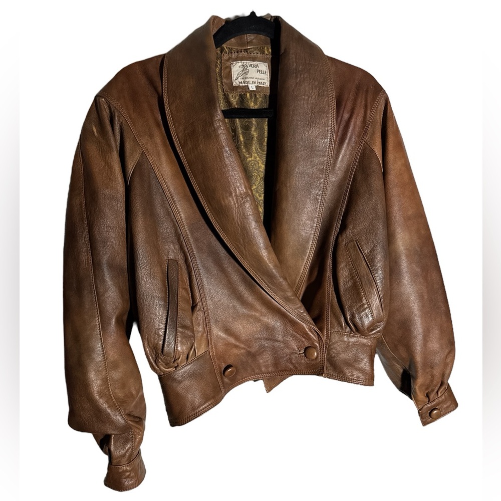 Vera Pelle Brown Leather Shawl Collar Jacket